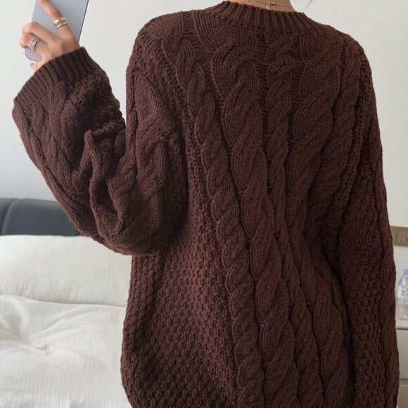 Brown Casual Women's Hemp Pattern Round Collar Wide Sleeve Long Sleeve Sweater - Picture 3 of 8